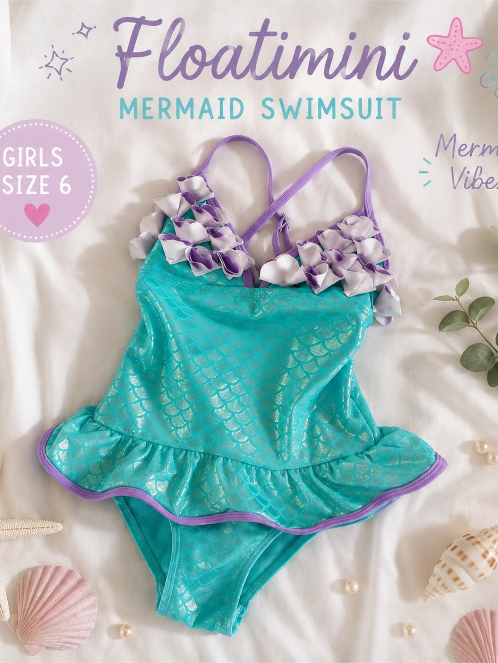 Floatimini Mermaid Swimsuit Girls Size 6 Aqua Purple Ruffle One Piece